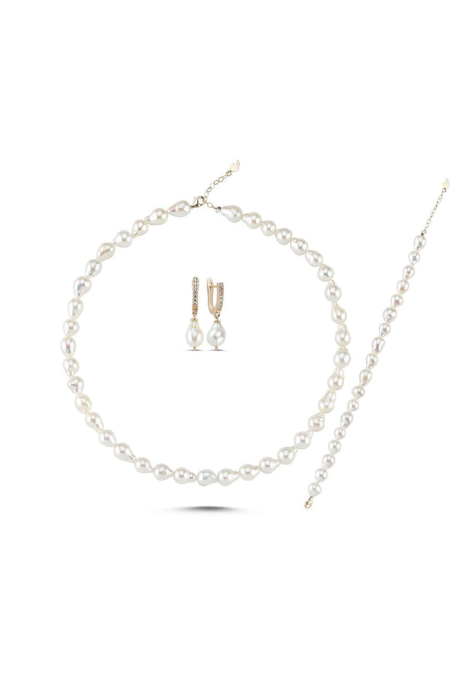 Lined Up Drop Natural Pearl Necklace Bracelet Earring Triple Set