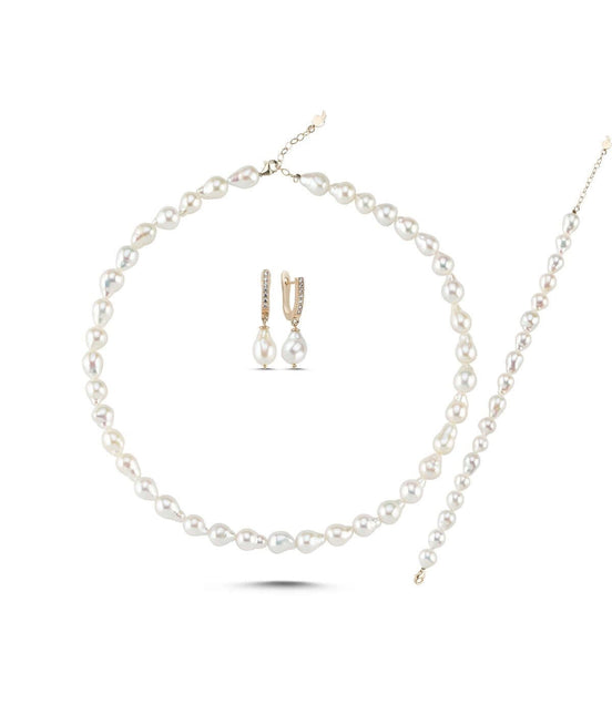 Lined Up Drop Natural Pearl Necklace Bracelet Earring Triple Set