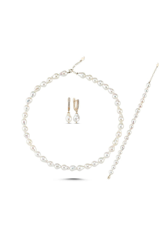 Lined Up Drop Natural Pearl Necklace Bracelet Earring Triple Set