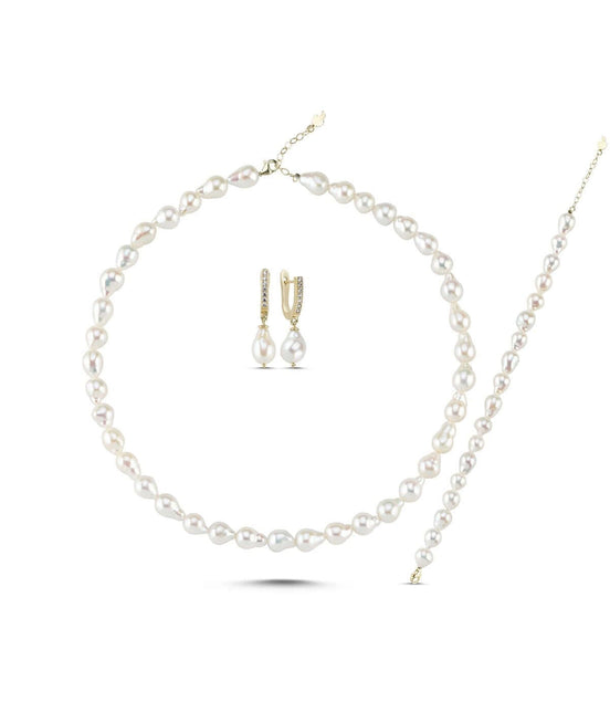 Lined Up Drop Natural Pearl Necklace Bracelet Earring Triple Set