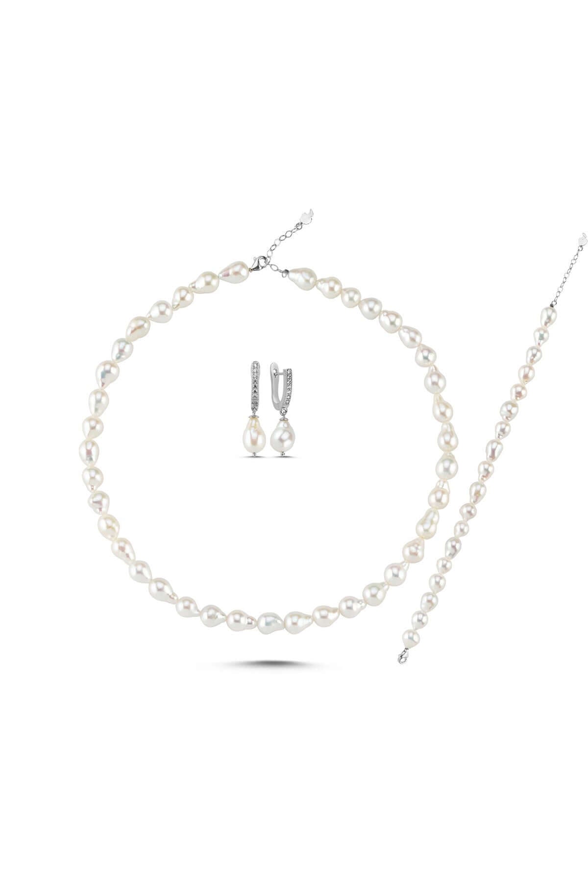 Lined Up Drop Natural Pearl Necklace Bracelet Earring Triple Set