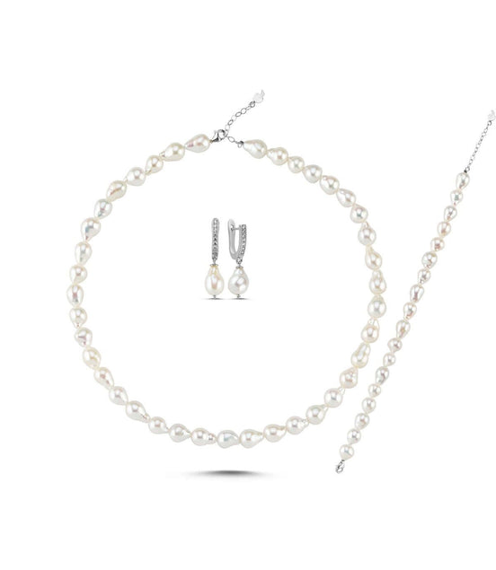 Lined Up Drop Natural Pearl Necklace Bracelet Earring Triple Set