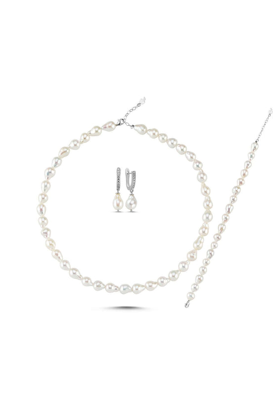 Lined Up Drop Natural Pearl Necklace Bracelet Earring Triple Set