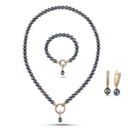 Hoop Clasp Black Natural Pearl Necklace Bracelet Earring Triple Set