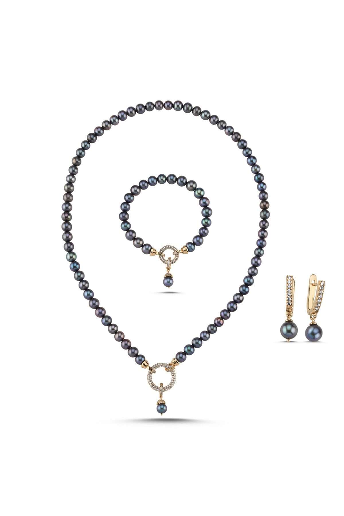 Hoop Clasp Black Natural Pearl Necklace Bracelet Earring Triple Set