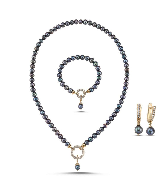 Hoop Clasp Black Natural Pearl Necklace Bracelet Earring Triple Set