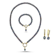 Hoop Clasp Black Natural Pearl Necklace Bracelet Earring Triple Set