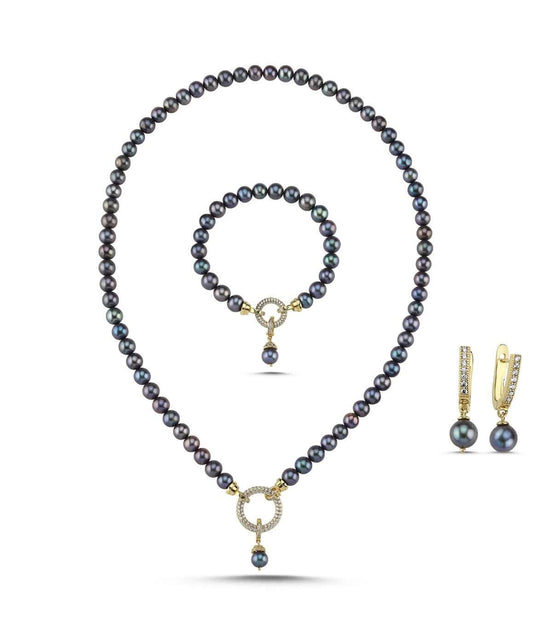 Hoop Clasp Black Natural Pearl Necklace Bracelet Earring Triple Set