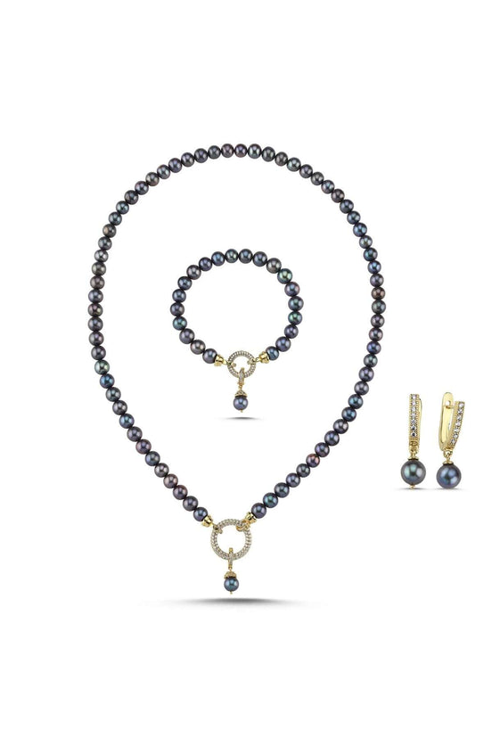 Hoop Clasp Black Natural Pearl Necklace Bracelet Earring Triple Set