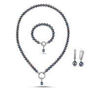 Hoop Clasp Black Natural Pearl Necklace Bracelet Earring Triple Set