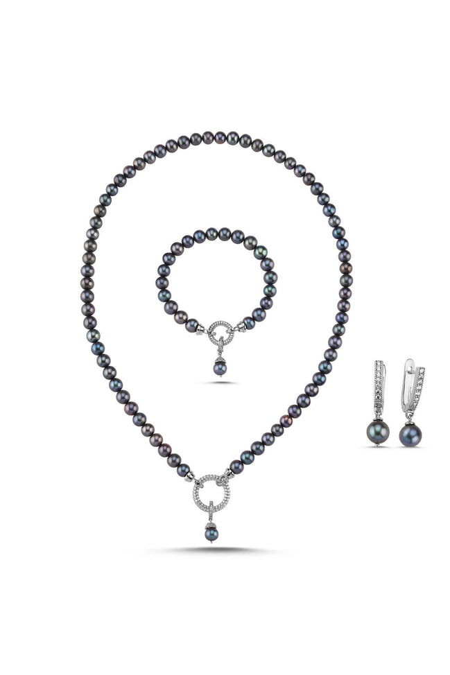 Hoop Clasp Black Natural Pearl Necklace Bracelet Earring Triple Set