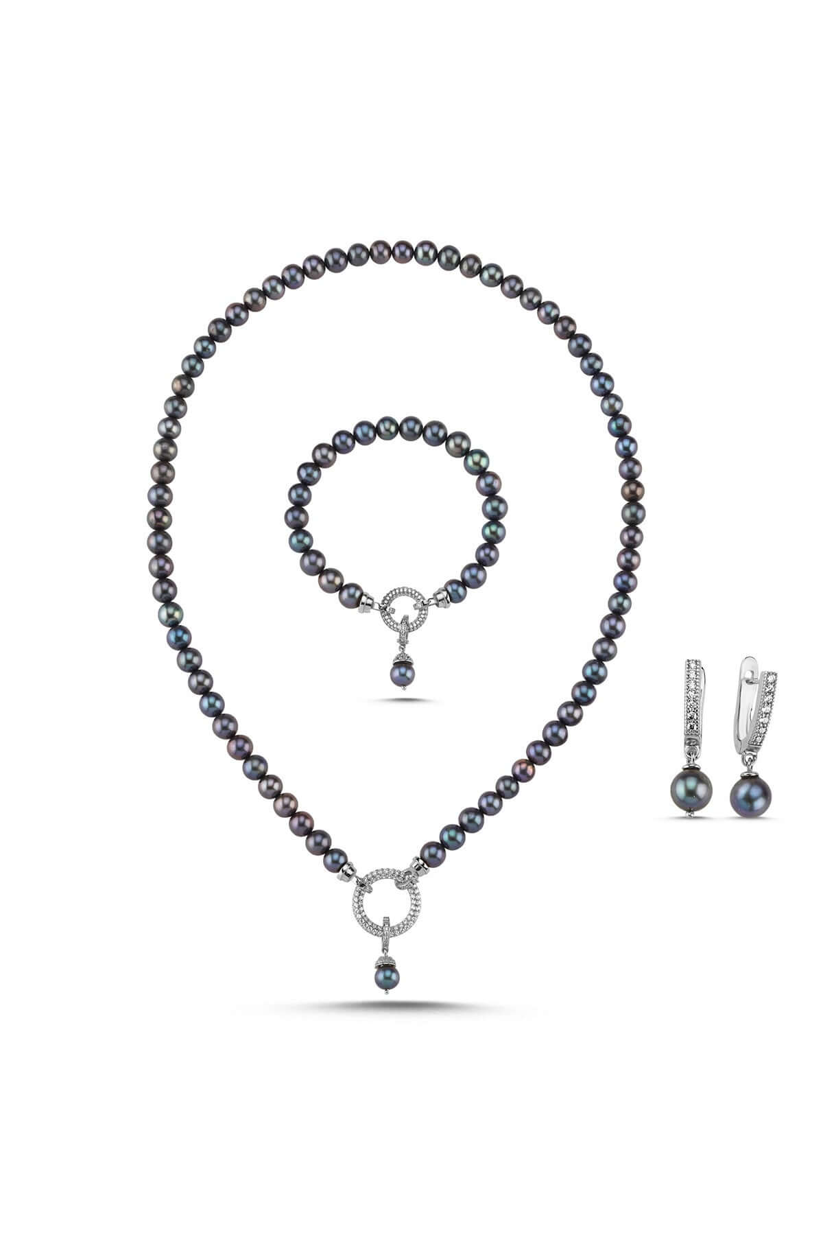 Hoop Clasp Black Natural Pearl Necklace Bracelet Earring Triple Set