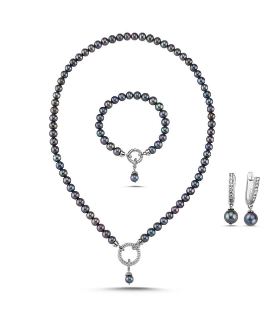 Hoop Clasp Black Natural Pearl Necklace Bracelet Earring Triple Set